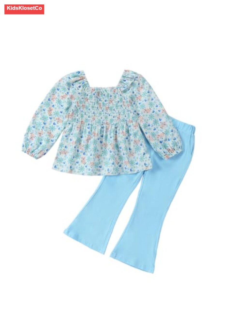 Girls 2 Piece Puff Sleeve Floral Top & Flare Pants Set Outfit